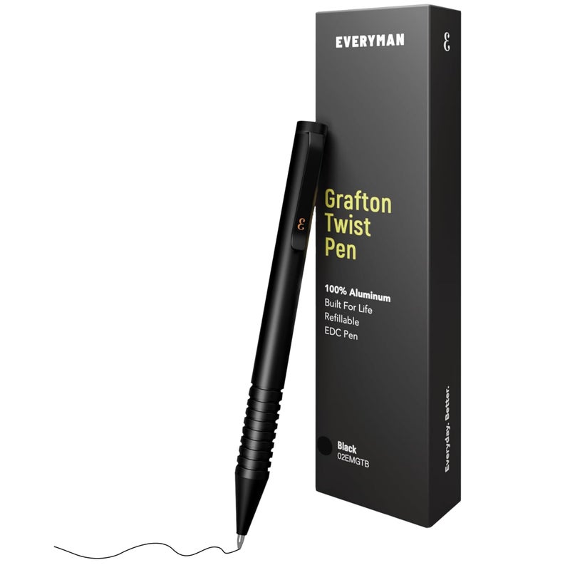 Everyman Black Grafton Mini Twist Refillable 0.7mm Gel Ink Pen | Sleek Anodized Aluminum Pocket Pen with Grooved Grip | Smooth Writing EDC Ink Pen for Office, Travel, Work & Gifting - Image 1